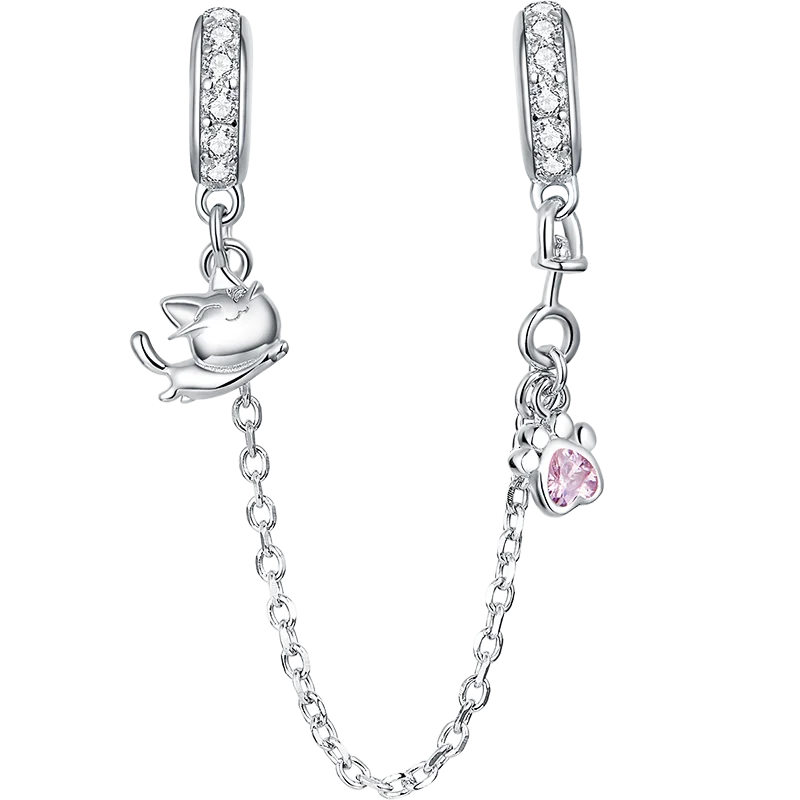 WOSTU 925 Sterling Silver Amimal Safety Chain Heart Key Flower Pendant CZ Charms Stopper Fit Original Bracelet DIY Fine Jewelry