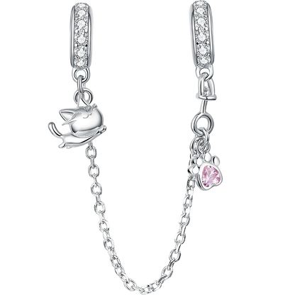 925 Sterling Silver Safety Chain Charm – Heart, Key & Flower CZ Stopper Bead