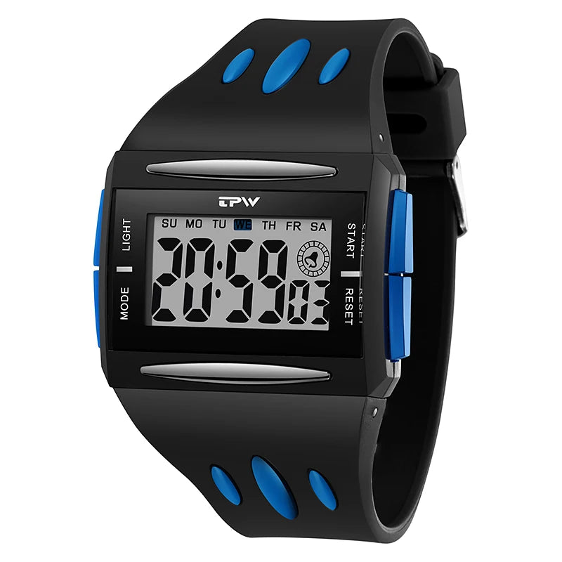 Black digital watch with blue accents on a white background