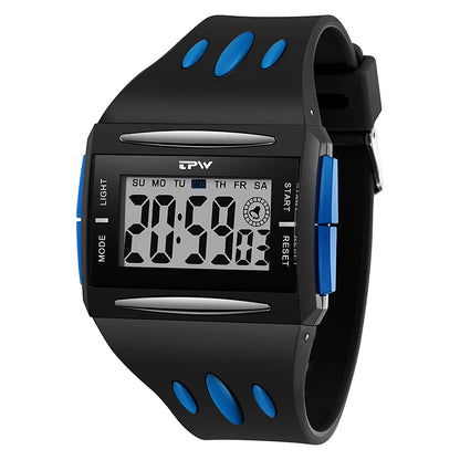 Black digital watch with blue accents on a white background