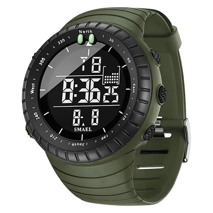 Green digital watch with black display on a white background