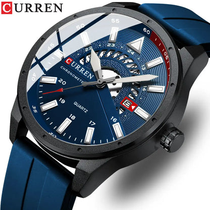Blue Curren watch with detailed face on a white background