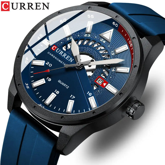 Blue Curren watch with detailed face on a white background