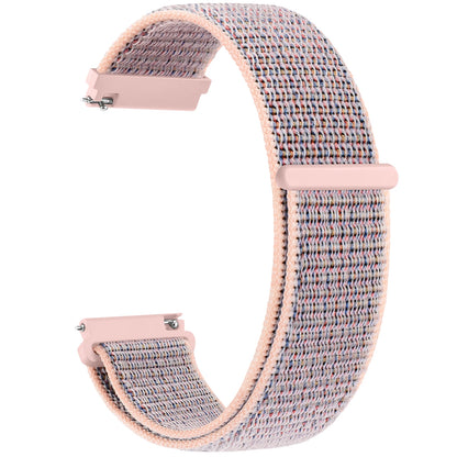 Woven watch band with rose gold hardware on a white background