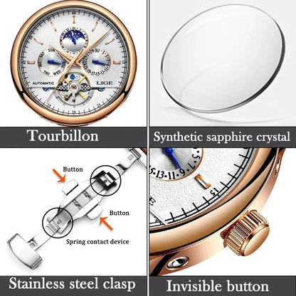 LIGE Tourbillon Automatic Mechanical Watch – 50M Waterproof, Date & Week Display