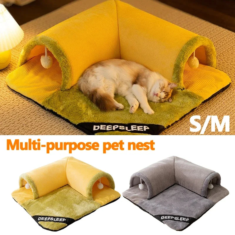 2-in-1 Cat Tunnel & Bed - Detachable Warm House with Non-Slip Play Mat