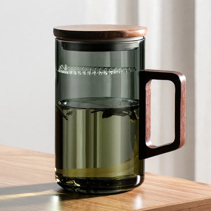 Glass Coffee Mug with Wooden Handle – Transparent Tea Cup Kitchen Coffeeware