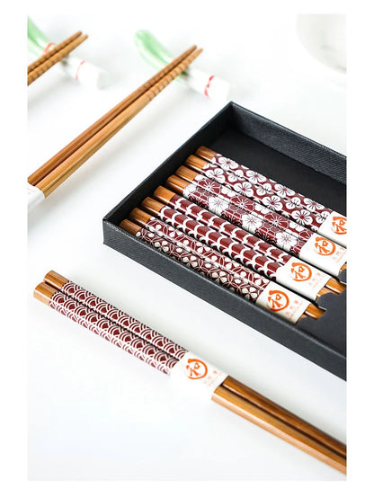 5-Pair Cute Multi-Color Bamboo Chopsticks Set – Non-Slip Household Wooden Tableware