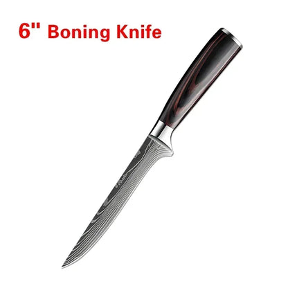 Laser Damascus Kitchen Knife Set – Cleaver, Santoku, Bread, Boning & Kitchen Scissors