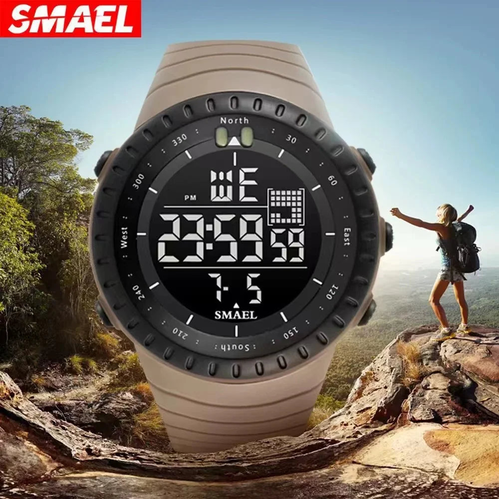 SMAEL digital watch with a scenic background of a person on a mountain top.