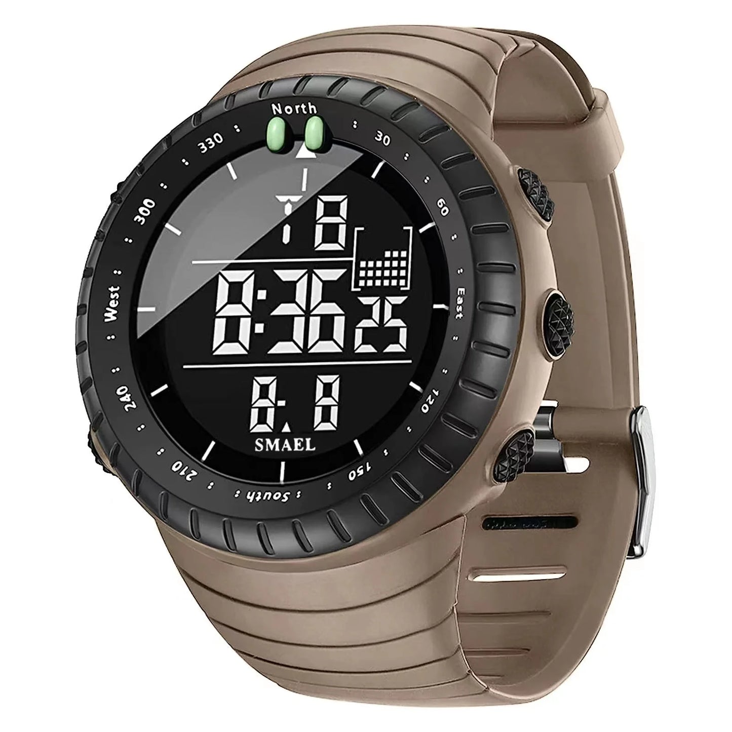 Beige digital watch with black display on a white background