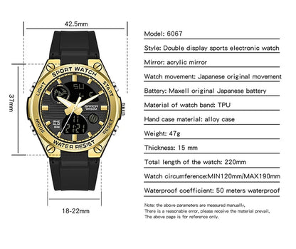 Gold and black sports electronic watch with detailed specifications on a white background