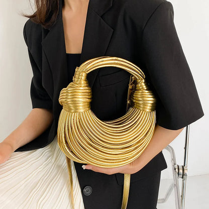 Handbags for Women 2025 New Gold Luxury Designer Brand Handwoven Noodle Bags Rope Knotted Pulled Hobo Silver Evening Clutch Chic - BeeTrendyShop.COM