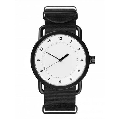 Black wristwatch with a white face on a white background