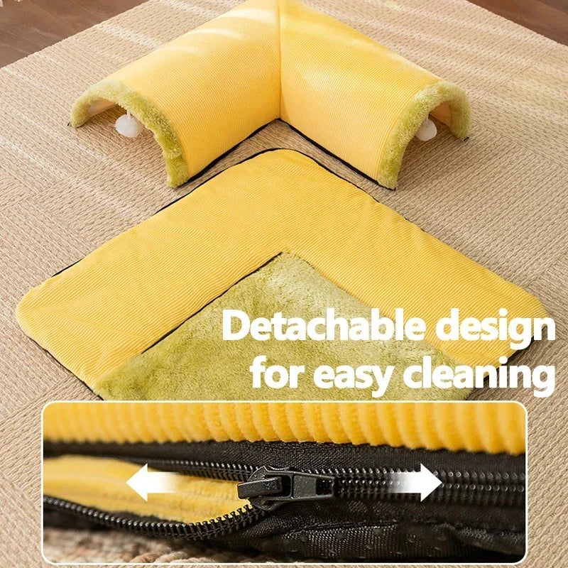 2-in-1 Cat Tunnel & Bed - Detachable Warm House with Non-Slip Play Mat