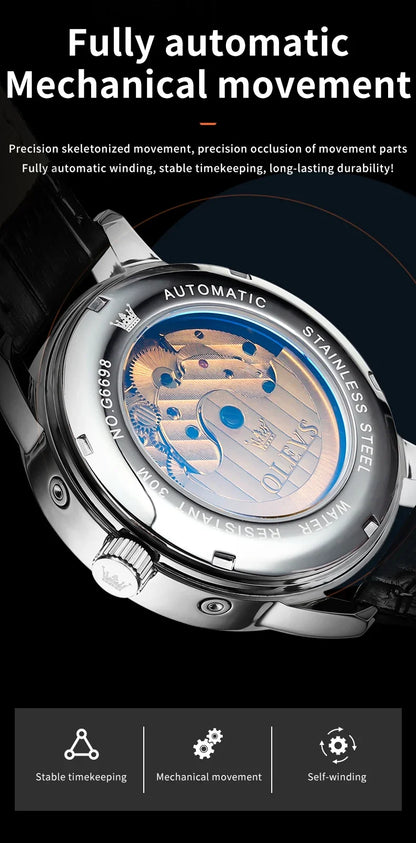 OLEVS 6698 Automatic Mechanical Watch – Luxury Leather Strap, Moon Phase, Waterproof