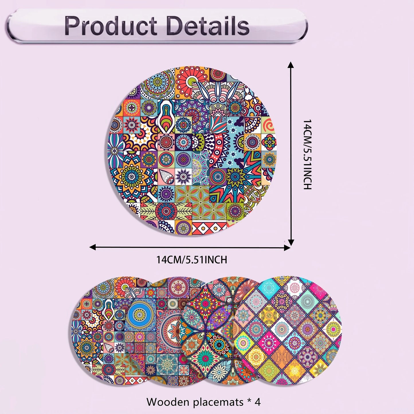 Mandala Wooden Placemats Set – 4pcs Durable Heat-Resistant Non-Slip Table Mats for Home & Office