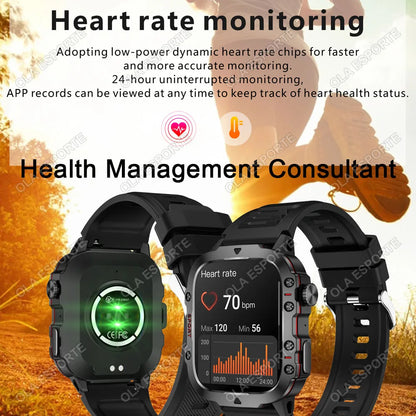 Military Smartwatch for Men – IP68 5ATM Waterproof, Outdoor Fitness Tracker, Health Monitor, Bluetooth