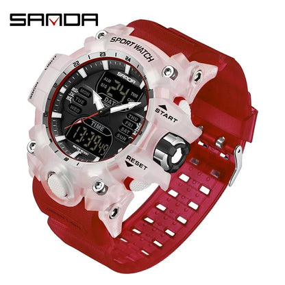 Red and white sports watch with digital display on a white background