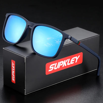 Sunglasses with blue reflective lenses on a black box featuring the SUPKLEY brand.