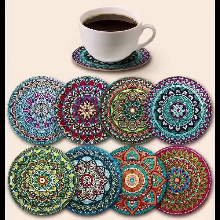 Wooden Mandala Coasters Set – 8pcs Decorative Heat-Resistant Table Coasters for Home, Office & Bar
