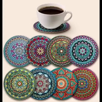 Wooden Mandala Coasters Set – 8pcs Decorative Heat-Resistant Table Coasters for Home, Office & Bar