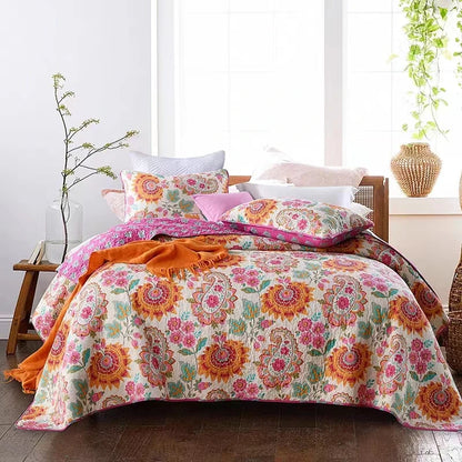 100% Cotton Quilted Bedspread – Rural Retro Bed Cover with Pillowcases for Queen & King Size