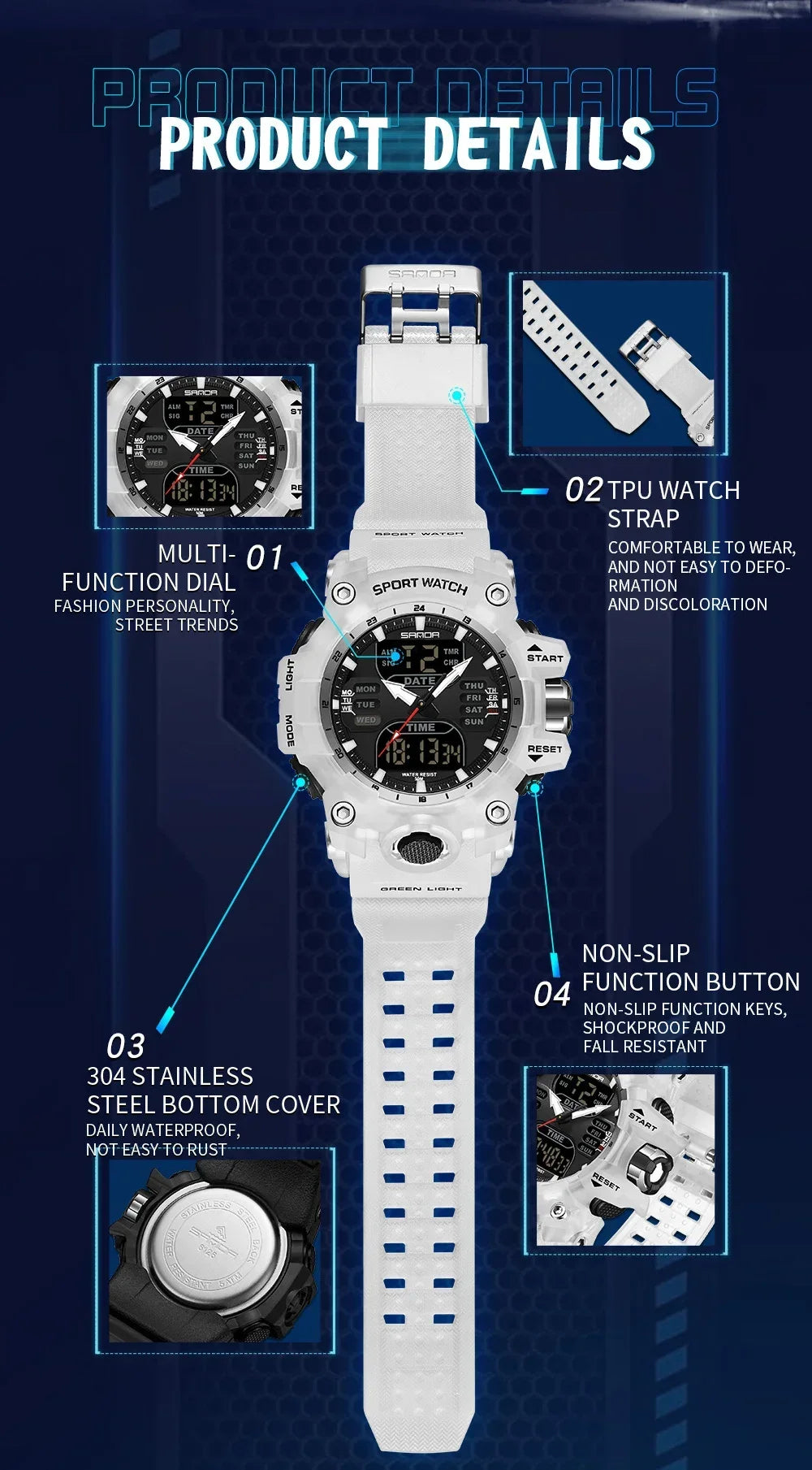 SANDA 6126  Digital Clock Dual Display Men Watches Waterproof Sports Watch Military Man Alarm Stopwatch Quartz Wristwatch Male