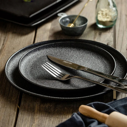 Japanese-Style Black Ceramic Plate Set – Steak & Western Food Dinnerware for Home & Kitchen