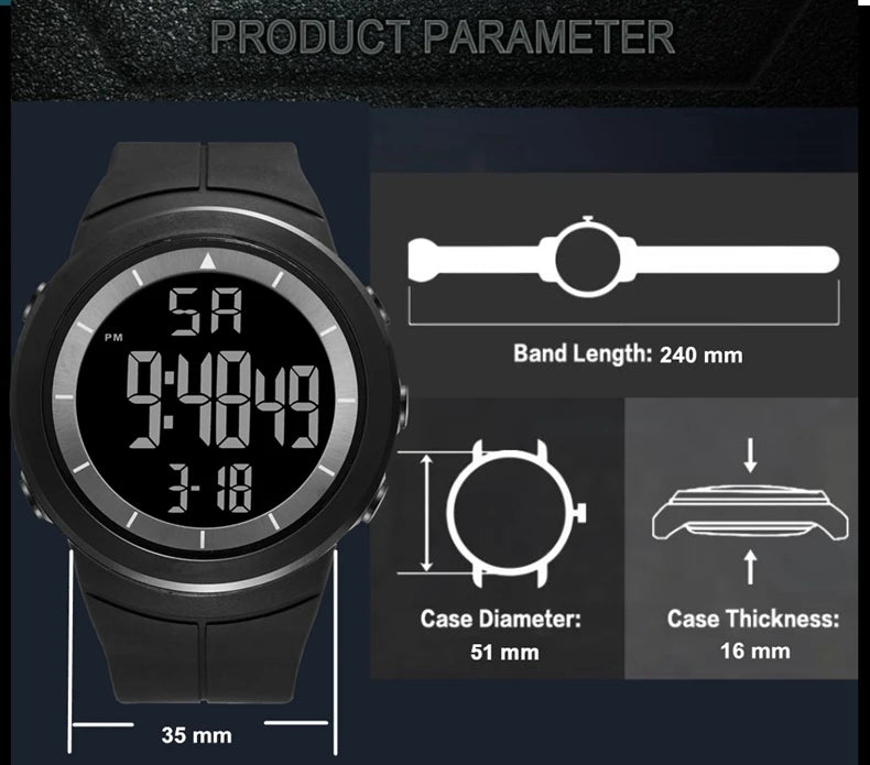 Men's Tactical Digital Watch – 50M Diving, Black LED Military, Alarm & Stopwatch