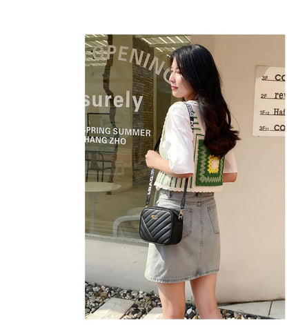 High quality women's PU rolling strip camera bag shoulder bag mobile phone bag casual crossbody bag - BeeTrendyShop.COM
