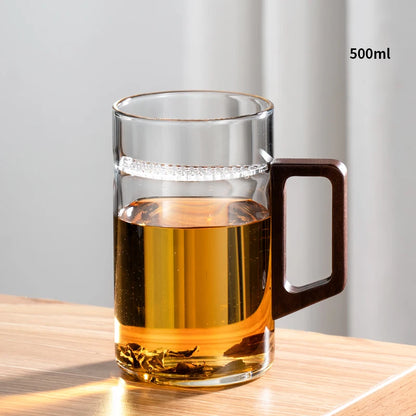 Glass Coffee Mug with Wooden Handle – Transparent Tea Cup Kitchen Coffeeware