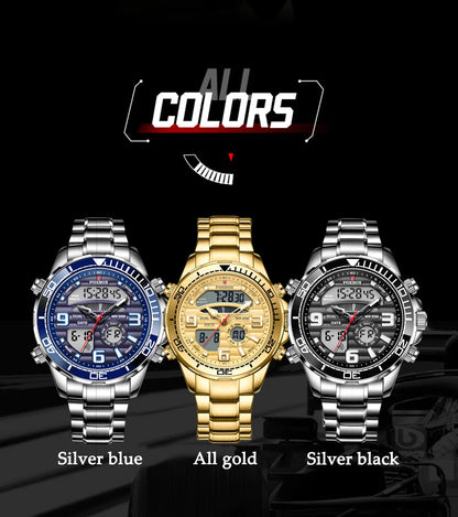 Three digital watches in silver blue, all gold, and silver black on a dark background with 'All Colors' text.