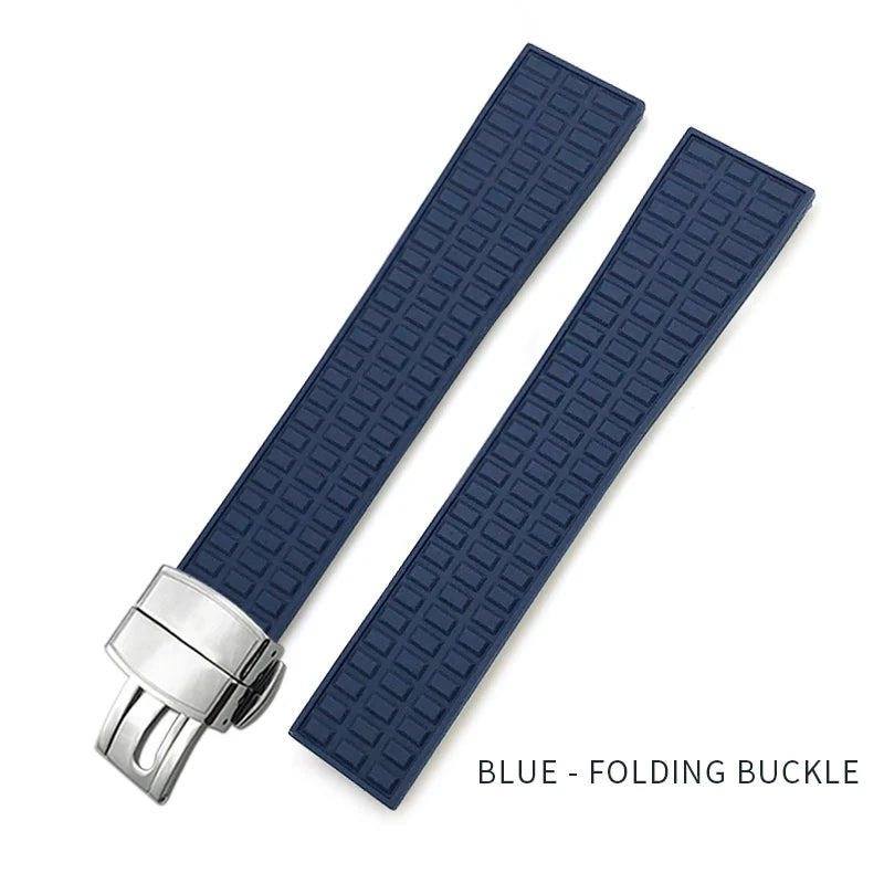 Blue watch strap with silver folding buckle on a white background