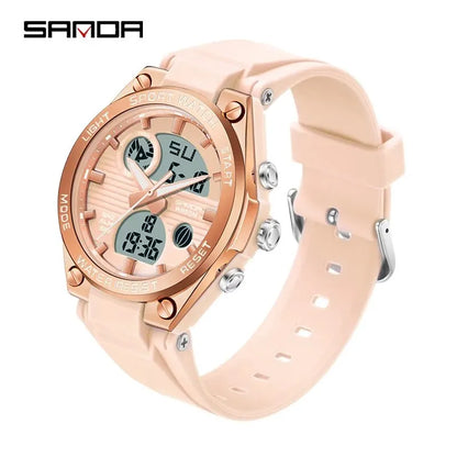 Rose gold watch with digital display on a white background, featuring the brand 'SANDA'.
