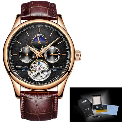 Luxury watch with brown leather strap and rose gold case, featuring the brand 'LIGE'.