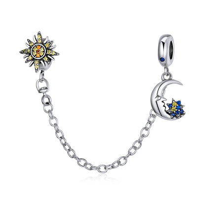 925 Sterling Silver Safety Chain Charm – Heart, Key & Flower CZ Stopper Bead