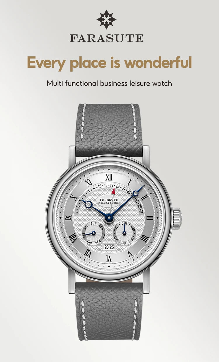 FARASUTE Men's Mechanical Watch Flyback Function Seagull Movement Month Display Week Display Calendar YearDisplay Sapphire Watch