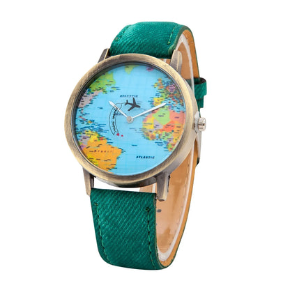 Fashion Global World Map Plane Denim Fabric Band Watch Casual Men Women Wristwatches Quartz Watch Gift Horloges Relógio - BeeTrendyShop.COM