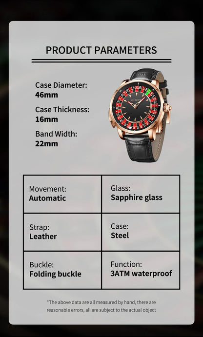 Product parameters of a watch displayed on a card with a watch image.