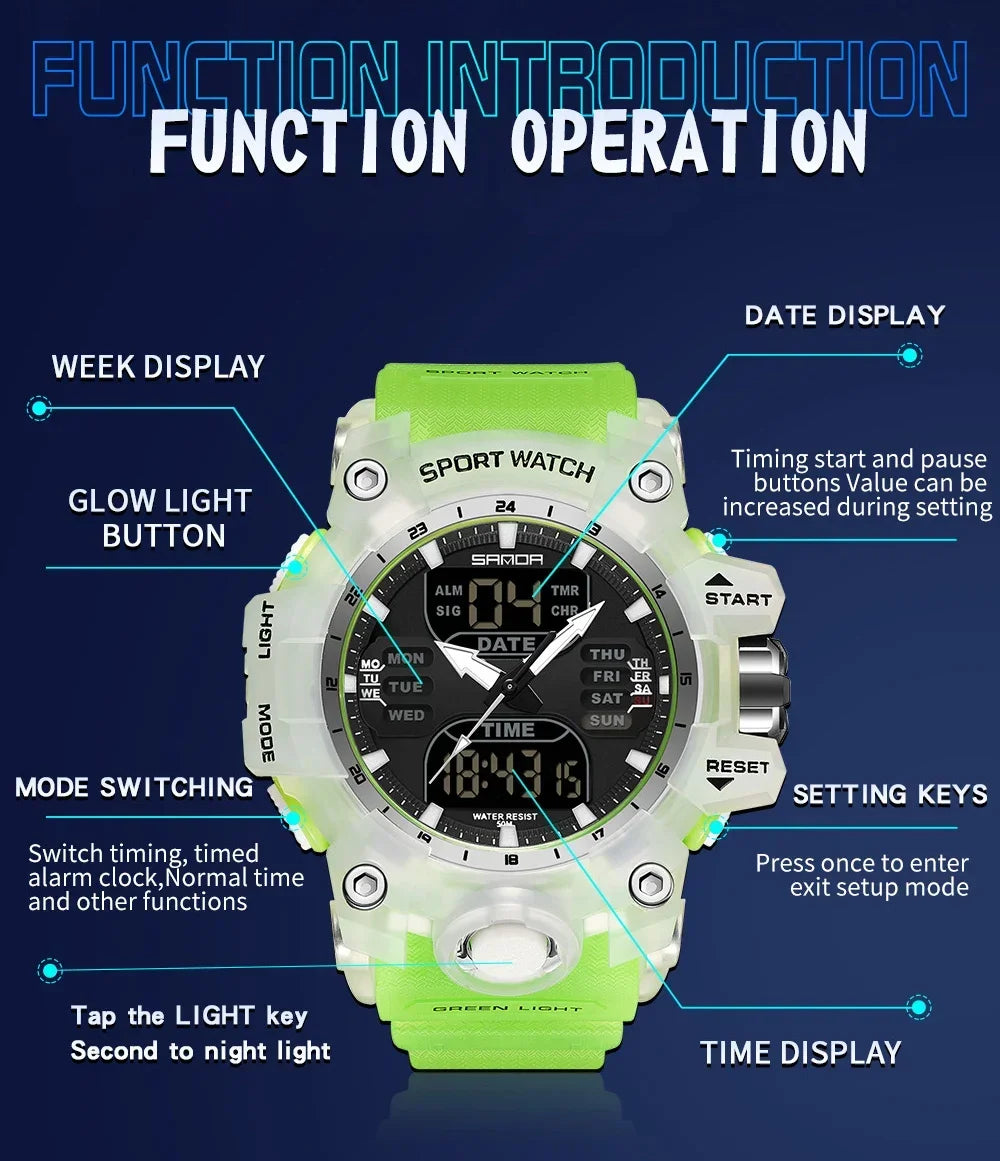 SANDA 6126  Digital Clock Dual Display Men Watches Waterproof Sports Watch Military Man Alarm Stopwatch Quartz Wristwatch Male