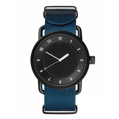 Watch with black case, blue strap, and white hands on a white background