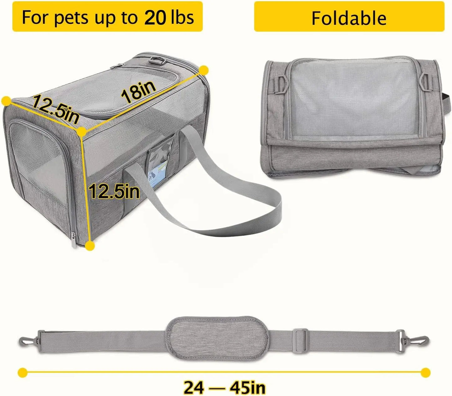 Soft Cat Carrier Bag – For Large Cats up to 20 lbs & Small Dogs | Zipper Closure, All Life Stages