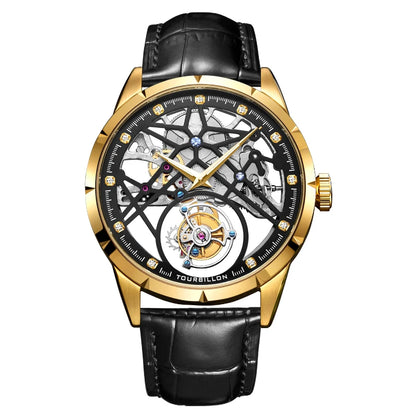 Luxury watch with black leather strap and gold casing on a white background