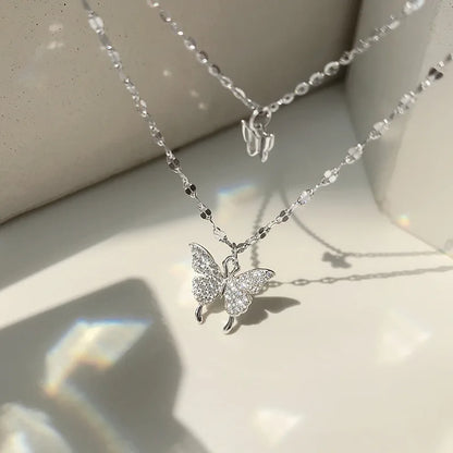 Double Layer Butterfly Collarbone Necklace – Light Luxury Stainless Steel Pendant for Women
