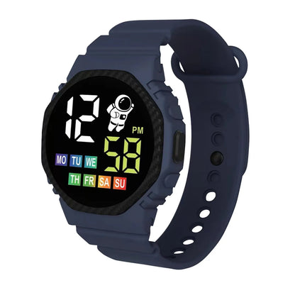 Navy blue digital smartwatch with a colorful display on a white background