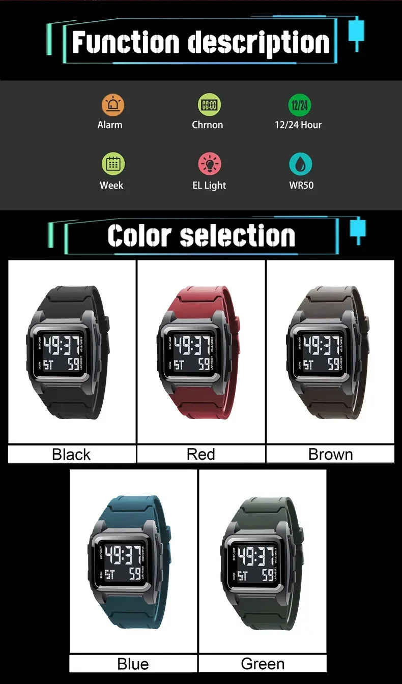 Men's Digital Watches Waterproof Men Sports Watch Luminous Multifunction Clock Outdoor Running Student Fitness Wristwatch