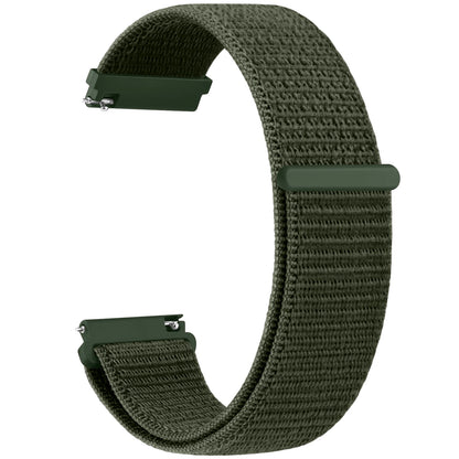 Green woven watch strap on a white background