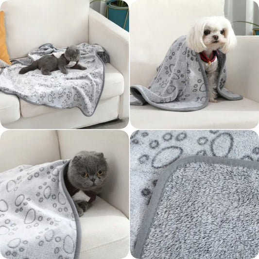 Paws Pattern Pet Blanket - Soft Fluffy Travel Mat & Bed for Cats and Dogs