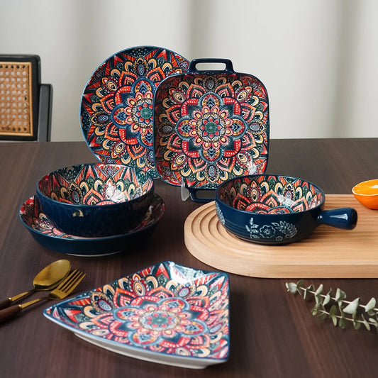 1Pc/2Pcs Bohemian Ceramic Tableware, Unique Floral Pattern Design, Bohemian Style Handmade Ceramic Tableware for Home Daily Use, Outdoor Camping Style Picnic, Restaurant Hotel Serving Plate, Home Decoration Tableware, Salad P
